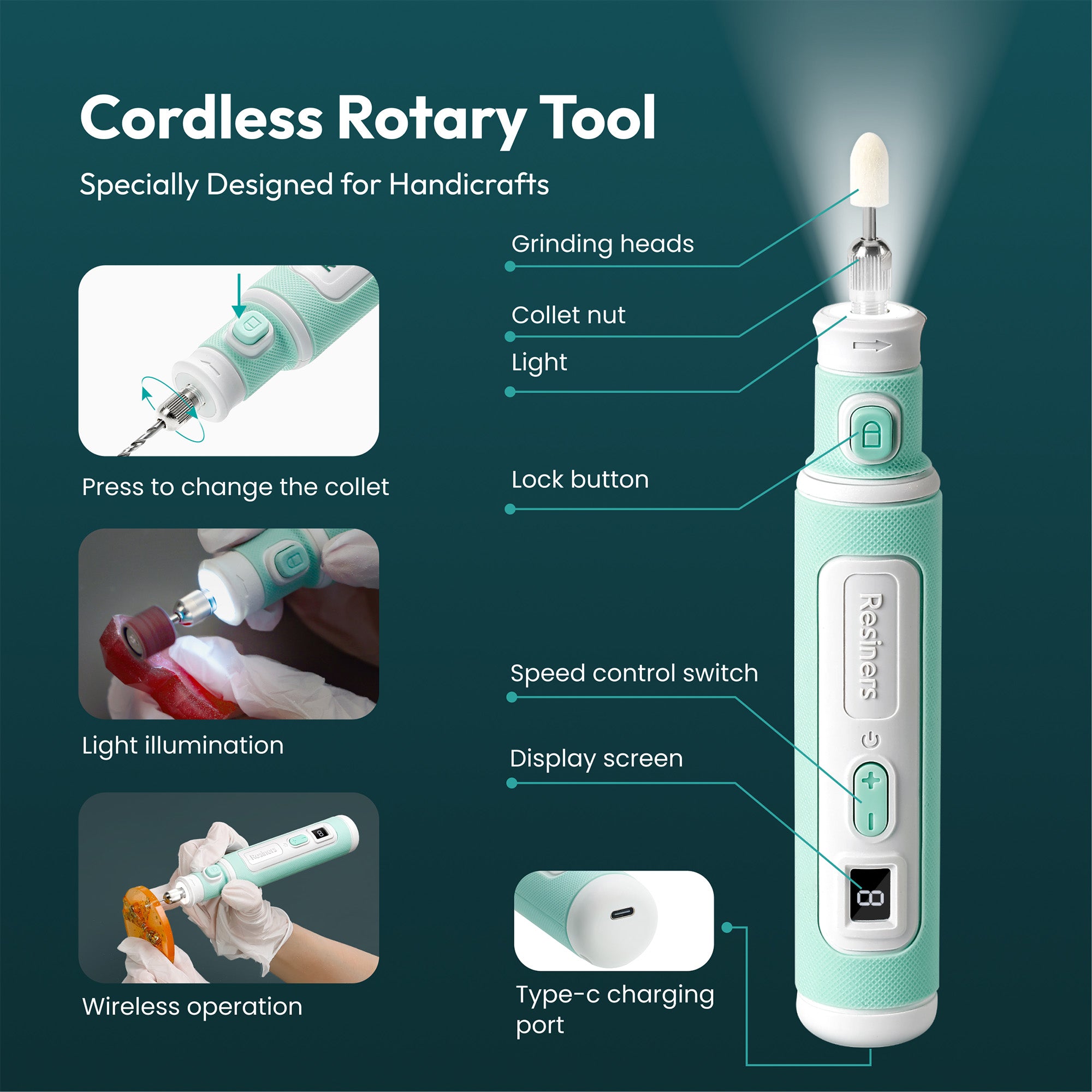 Resiners® Cordless Rotary Tool Kit for Resin Drilling and Polishing