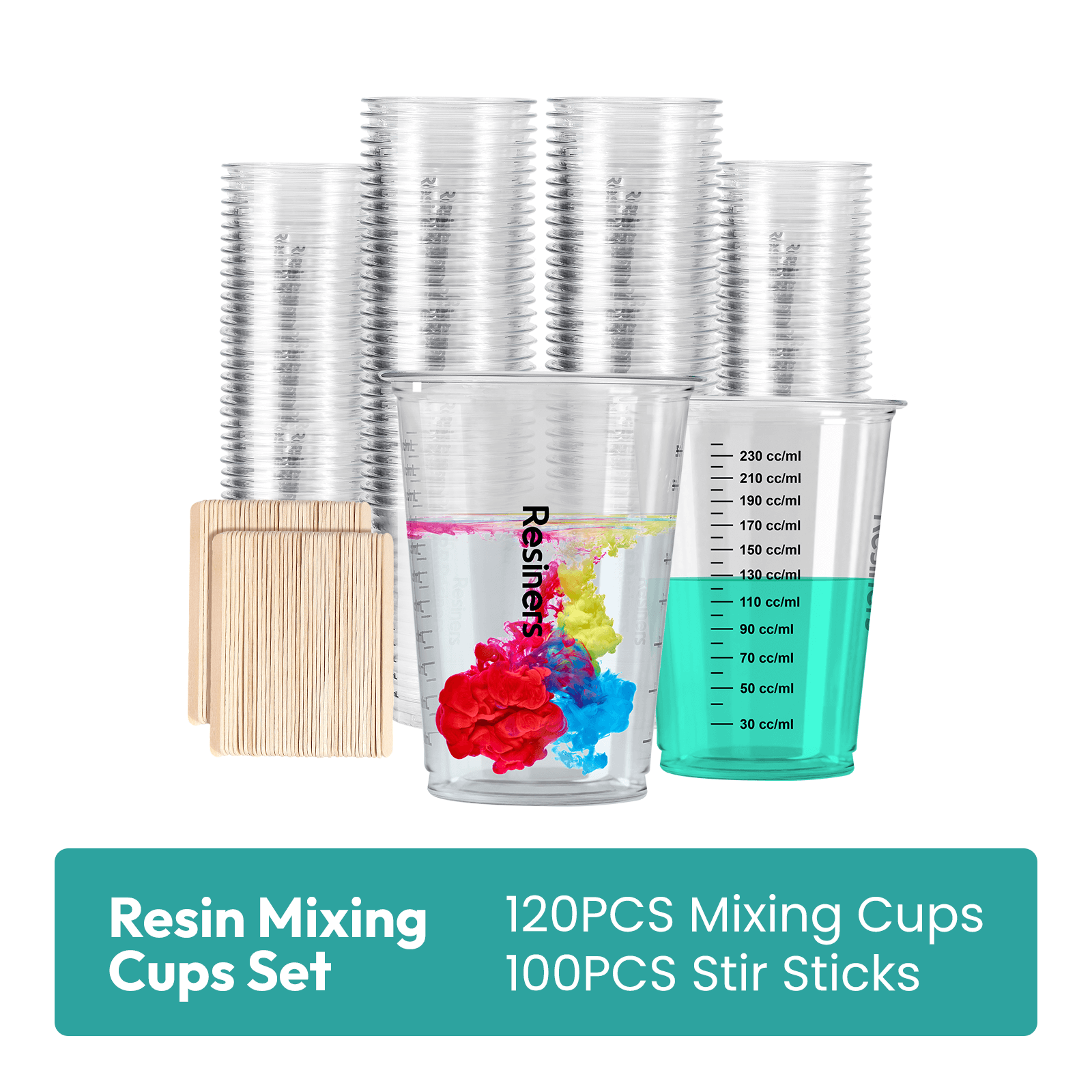Resiners® Disposable Epoxy Resin Plastic Measuring Mixing Cups with Wooden Stir Sticks