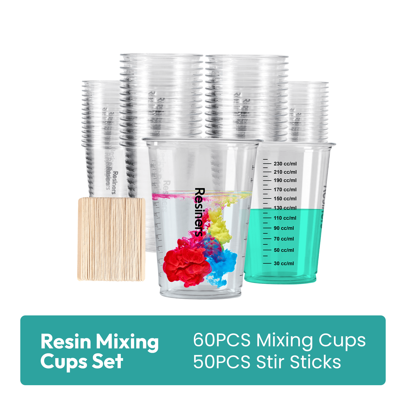 Resiners® Disposable Epoxy Resin Plastic Measuring Mixing Cups with Wooden Stir Sticks