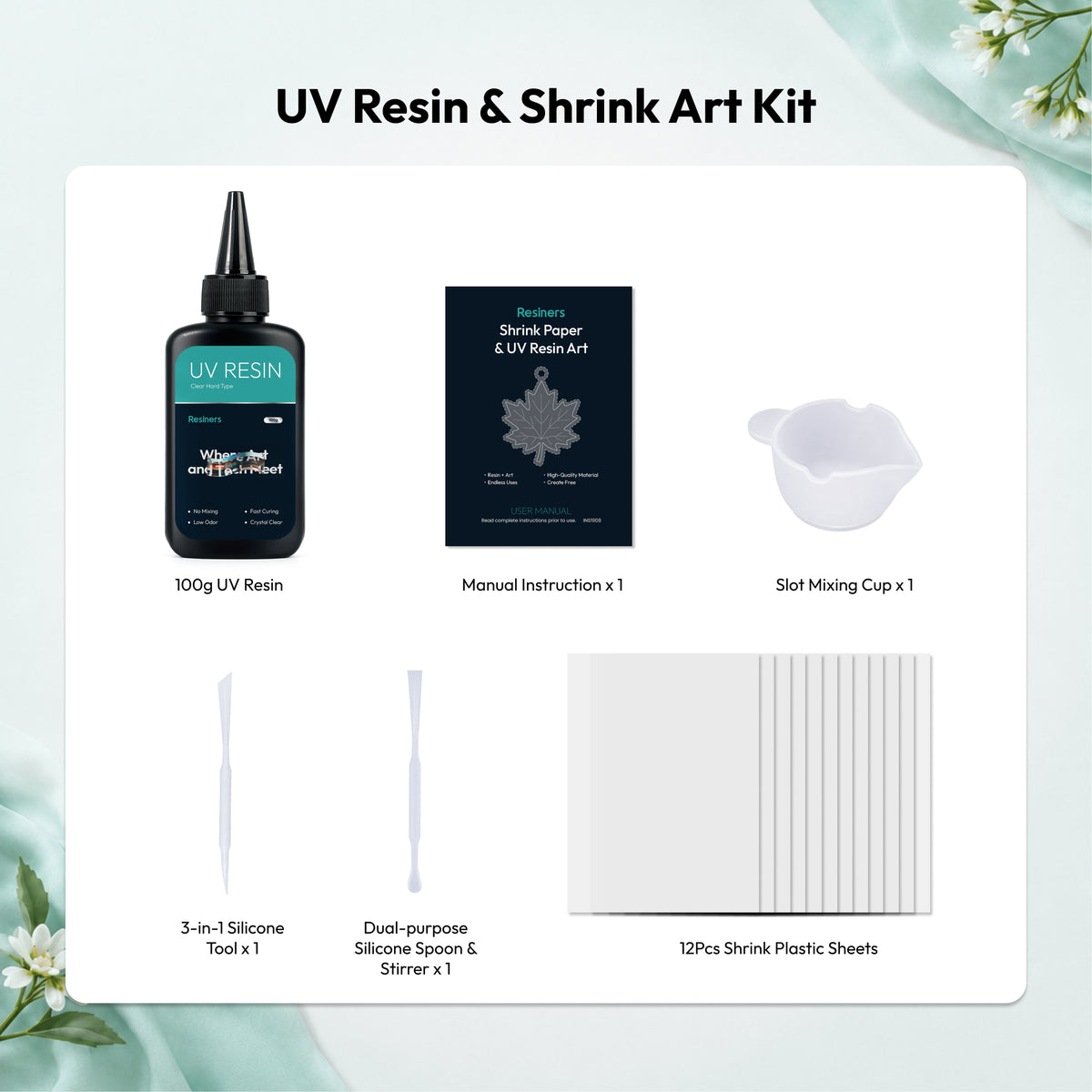 Resiners® 100g UV Resin & 12PCS Shrink Paper Kit for DIY Crafting & Casting