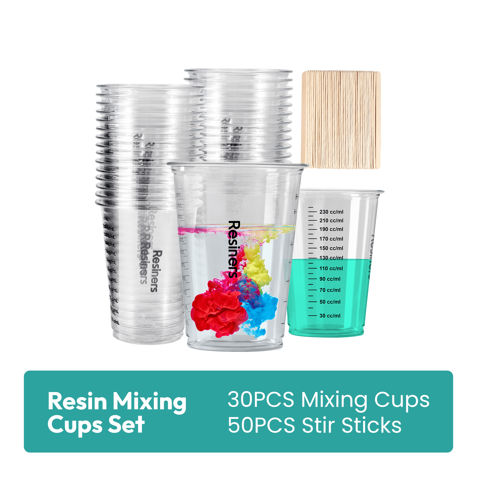 Resiners® Disposable Epoxy Resin Plastic Measuring Mixing Cups with Wooden Stir Sticks