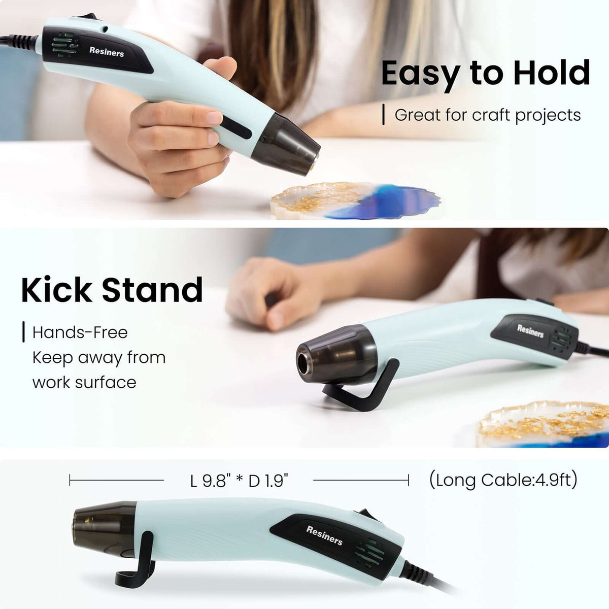 Resiners® Mini Heat Gun for Crafts, 3 Nozzles, Mini Dual Temp Hot Air ...